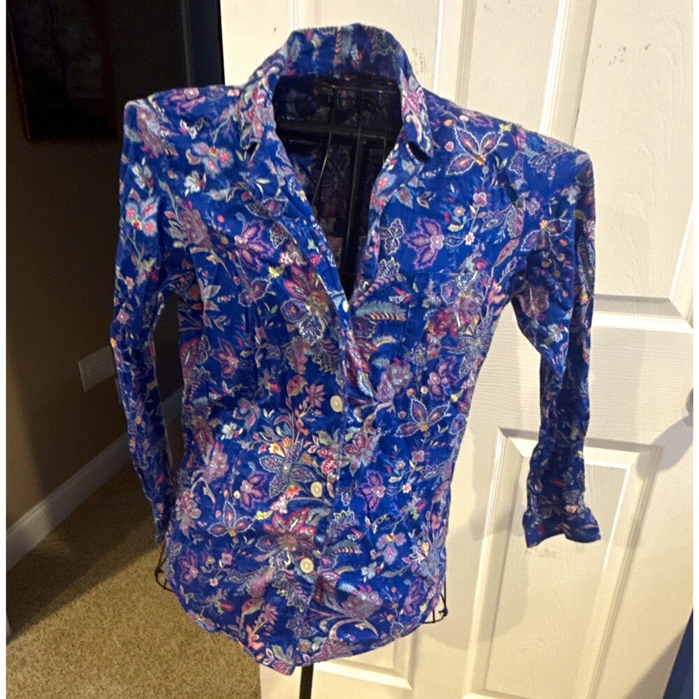 Lauren Ralph Lauren Blue Floral Button-Up Long Sleeve Paisley Pajama Top Medium